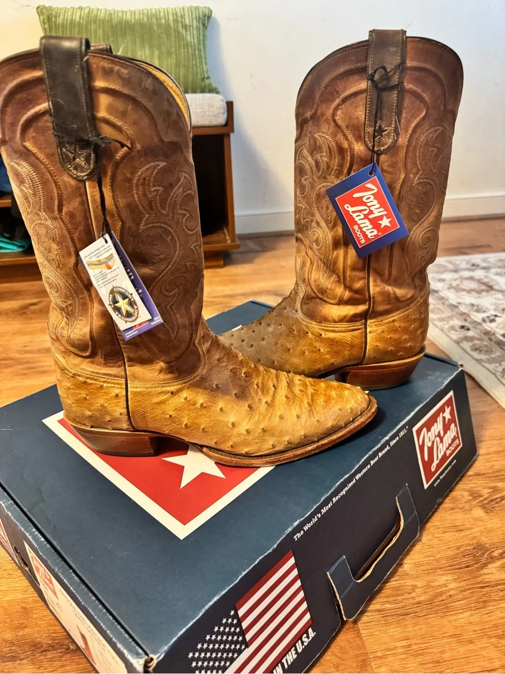 Tony Lama Full Quill Ostrich Cowboy Boots- Antique Tan Mens 13